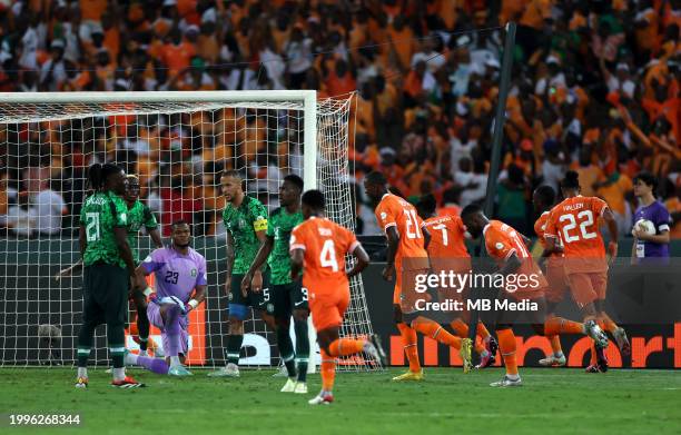 Franck Kessie of Ivory Coast celebrates with his team mates after scoring his goal during the TotalEnergies CAF Africa Cup of Nations final match...