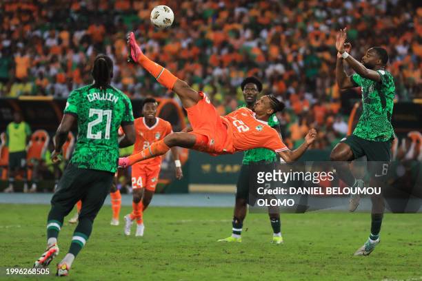 Ivory Coast's forward Sebastien Haller shoots but fails to score during the Africa Cup of Nations 2024 final football match between Ivory Coast and...