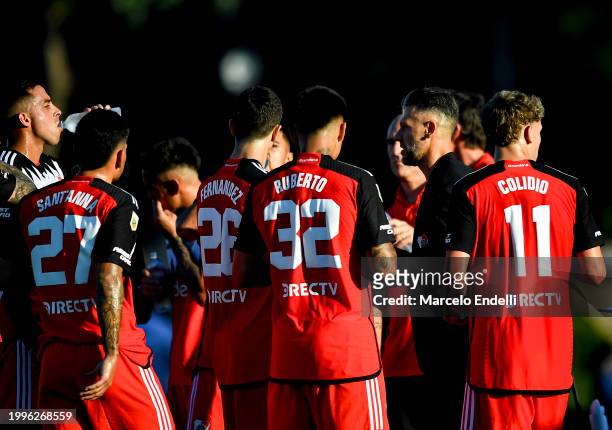 Martin Demichelis coach of River Plate gives instructions to his team players during a Copa de la Liga 2024 group A match between Deportivo Riestra...