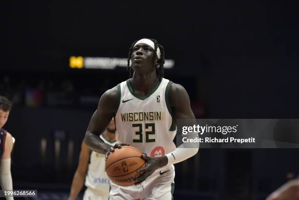 Wenyen Gabriel of the Wisconsin Herd shoots a free throw during the game against the Grand Rapids Gold on February 11, 2024 at the Van Andel Arena in...