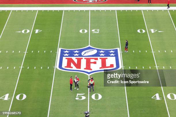 General view of the NFL logo painted on the 50 yard line prior to Super Bowl LVIII between the Kansas City Chiefs and the San Francisco 49ers on...
