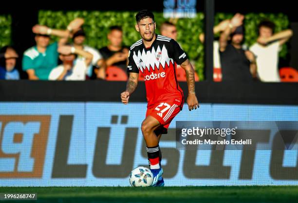 Agustin Sant Anna of River Plate drives the ball during a Copa de la Liga 2024 group A match between Deportivo Riestra and River Plate at Estadio...