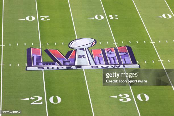 General view of the Super Bowl LVII logo on the field prior to Super Bowl LVIII between the Kansas City Chiefs and the San Francisco 49ers on...