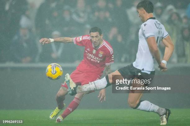 Angel Di Maria of Benfica passes the ball while is blocked by Tomás Ribeiro of Vitoria during Liga Portugal Betclic match between Vitoria and Benfica...
