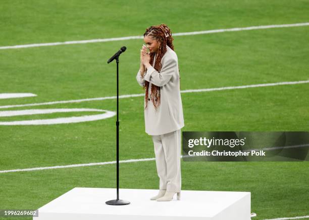Andra Day performs "Lift Every Voice and Sing" at the Super Bowl LVIII Pregame held at Allegiant Stadium on February 11, 2024 in Paradise, Nevada.