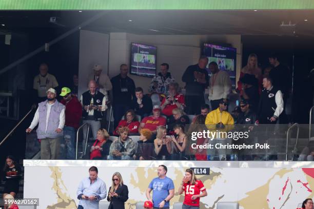 Andrea Swift, Ice Spice, Taylor Swift and Blake Lively at the Super Bowl LVIII Pregame held at Allegiant Stadium on February 11, 2024 in Paradise,...