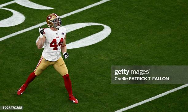 San Francisco 49ers' fullback Kyle Juszczyk gestures during Super Bowl LVIII between the Kansas City Chiefs and the San Francisco 49ers at Allegiant...