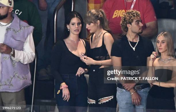 Singer-songwriters Taylor Swift and Lana Del Rey attends Super Bowl LVIII between the Kansas City Chiefs and the San Francisco 49ers at Allegiant...