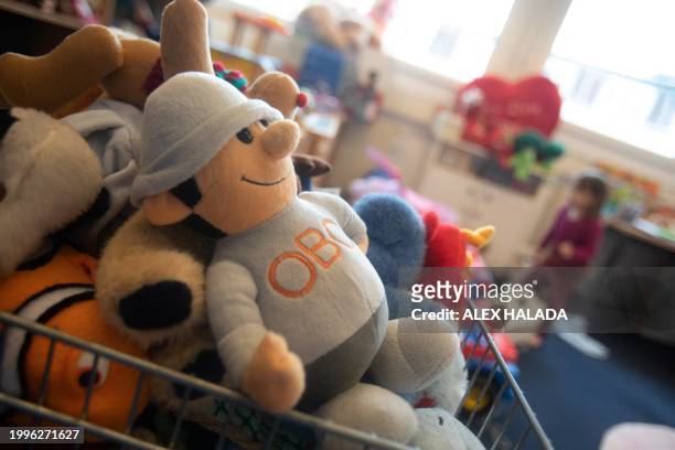 Toys are pictured in a room for children provided by the Matusya association which supports Ukrainian refugees in Vienna, Austria on February 8,...