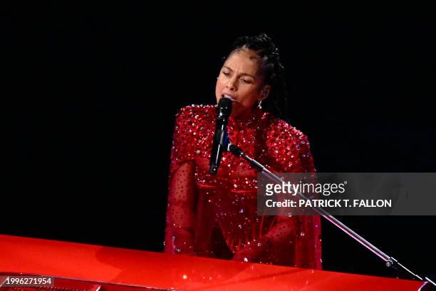 Singer-songwriter Alicia Keys performs during Apple Music halftime show of Super Bowl LVIII between the Kansas City Chiefs and the San Francisco...