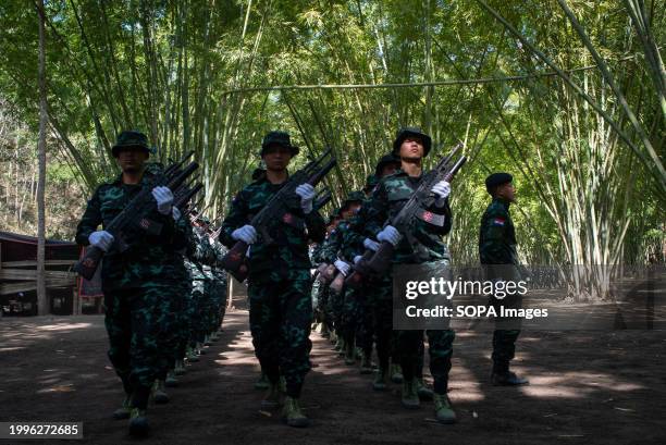 Members of KNDF seen participating in the Military Demonstration during the Graduation of the Basic Military Training of Karenni Nationalities...