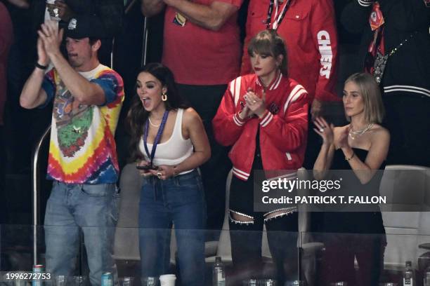 Singer-songwriter Taylor Swift and Ashley Avignone attend Super Bowl LVIII between the Kansas City Chiefs and the San Francisco 49ers at Allegiant...