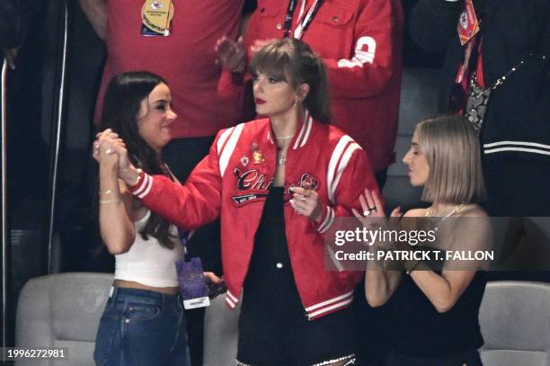 Singer-songwriter Taylor Swift and Ashley Avignone attend Super Bowl LVIII between the Kansas City Chiefs and the San Francisco 49ers at Allegiant...