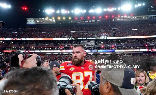 Kansas City Chiefs' tight end Travis Kelce celebrates winning Super Bowl LVIII against the San Francisco 49ers at Allegiant Stadium in Las Vegas,...