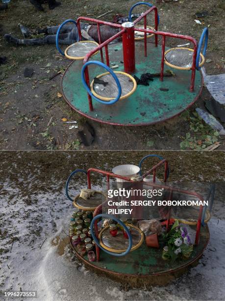 Graphic content / This combination of pictures created on February 11, 2024 shows the body of a victim of a reported Russian strike which hit a shop...