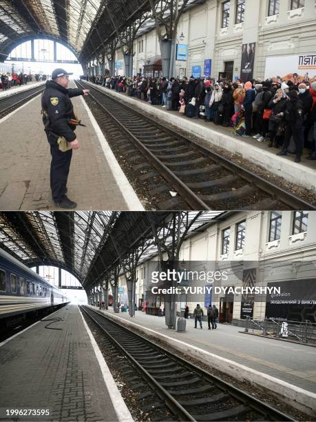 This combination of pictures created on February 11, 2024 shows people wait for a train to Poland at the railway station of the western Ukrainian...