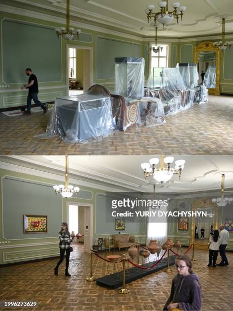 This combination of pictures created on February 11, 2024 shows an employee walk past a protectively-wrapped display cases and furnitures in one of...