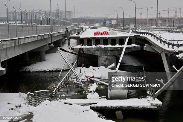 This photograph taken on February 10, 2024 shows a destroyed bridge in Irpin town, outside Kyiv, amid the Russian invasion of Ukraine.