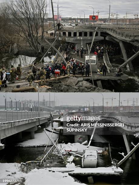This combination of pictures created on February 11, 2024 shows people cross a destroyed bridge as they evacuate the city of Irpin, northwest of...
