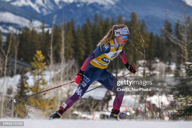 Jessie Diggins of USA competes during the qualification round of Women's 1.3km Sprint race at the COOP FIS Cross Country World Cup, on February 10 in...