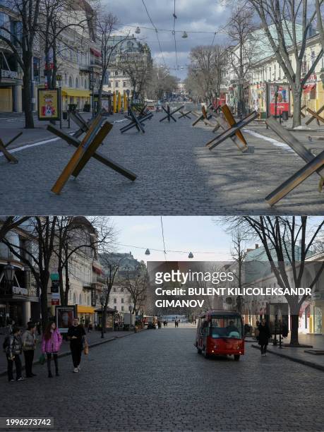 This combination of pictures created on February 11, 2024 shows a photograph taken on March 13, 2022 showing anti-tank obstacles displayed in a...