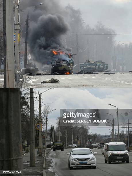 This combination of pictures created on February 11, 2024 shows an unidentified soldier's body lying near a burning Russian Armoured personnel...