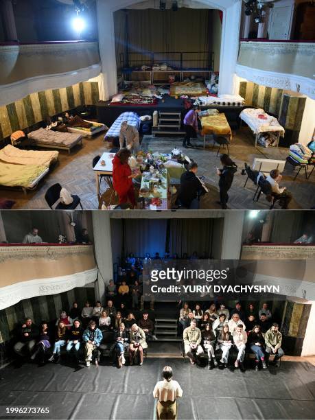 This combination of pictures created on February 11, 2024 shows evacuees housed in the Les Kurbas Theater in the western Ukrainian city of Lviv on...