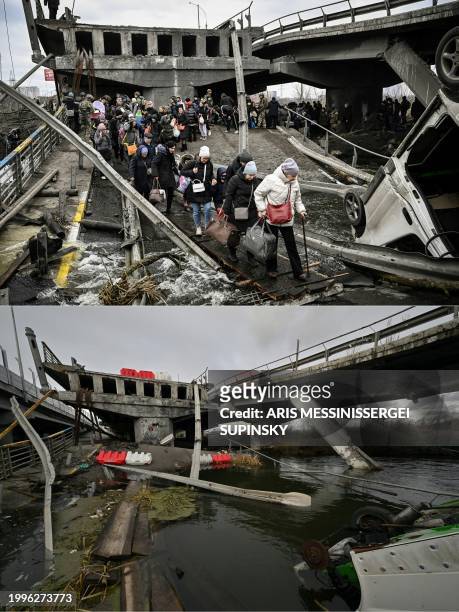 This combination of pictures created on February 11, 2024 shows people crossing a destroyed bridge as they evacuate the city of Irpin, northwest of...