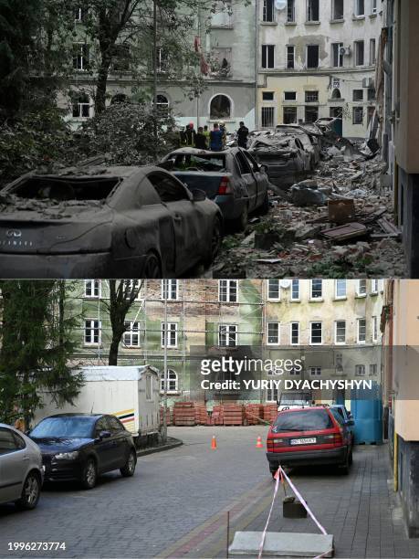 This combination of pictures created on February 11, 2024 shows rescuers stand in front of a apartment building partially destroyed by a missile...