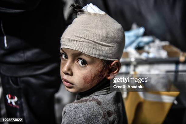 Injured Palestinians, including children are brought to Kuwait Hospital for treatment following Israeli attacks on Rafah City in the south of Gaza on...