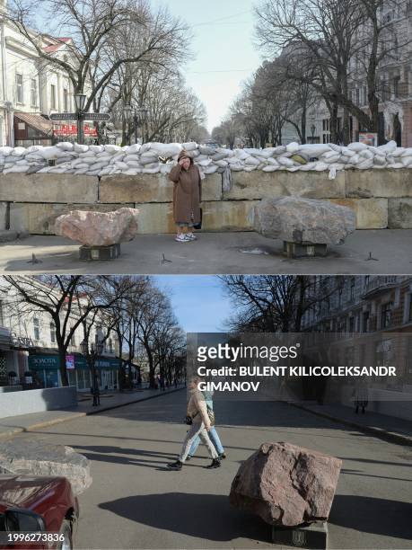 This combination of pictures created on February 11, 2024 shows a resident standing next to a sandbag barricade in Odessa on March 13, 2022 and...