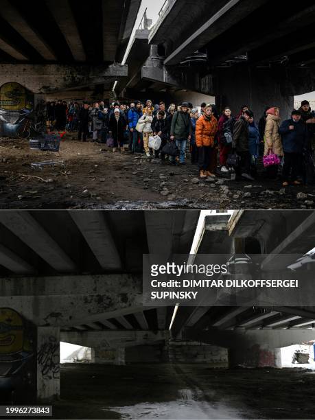 This combination of pictures created on February 11, 2024 shows evacuees stand under a destroyed bridge as they flee the city of Irpin, northwest of...