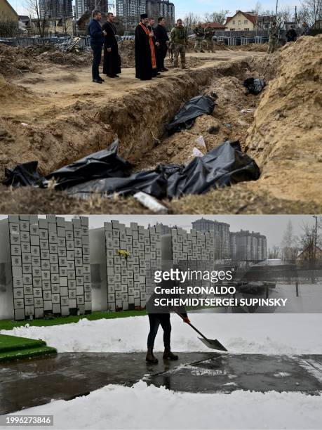 This combination of pictures created on February 11, 2024 shows priests praying by body bags at a mass grave in the grounds surrounding the St Andrew...