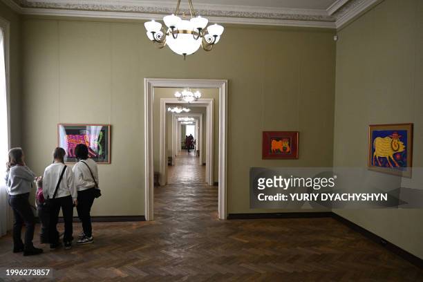 People visit Galleries of the Potocki Palace, one of the architectural gems of western Ukraine and home of Lviv National Art Gallery in Lviv on...