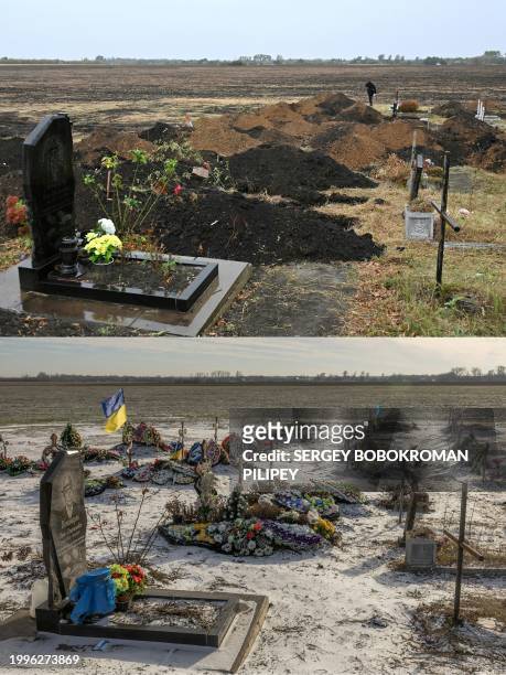This combination of pictures created on February 11, 2024 shows freshly dug graves at the cemetery in the village of Hroza, Kharkiv region, on...