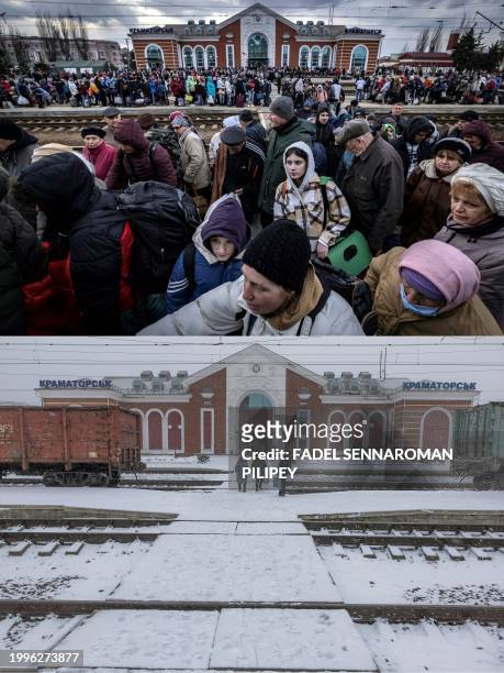This combination of pictures created on February 11, 2024 shows families walking on a platform to board a train at Kramatorsk central station as they...