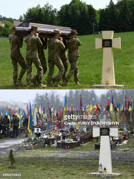 This combination of pictures created on February 11, 2024 shows Ukrainian soldiers carry the coffins of Andriy Vertiev and Serhiy Evtushenko,...