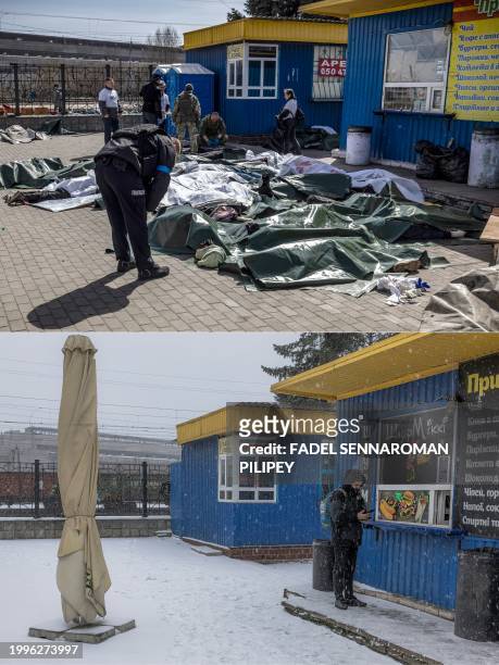 Graphic content / This combination of pictures created on February 11, 2024 shows a Ukrainian policeman bending over bodies laid on the ground and...