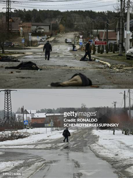 Graphic content / This combination of pictures created on February 11, 2024 shows a photo taken on April 2 bodies of civilians lie on Yablunska...
