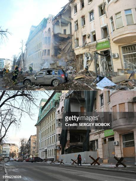 This combination of pictures created on February 11, 2024 shows firemen work to clear the rubble and extinguish a fire by a heavily damaged building...