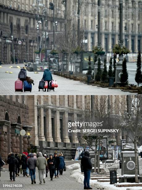 This combination of pictures created on February 11, 2024 shows women carry their belongings as they walk in a deserted street of the Ukrainian...