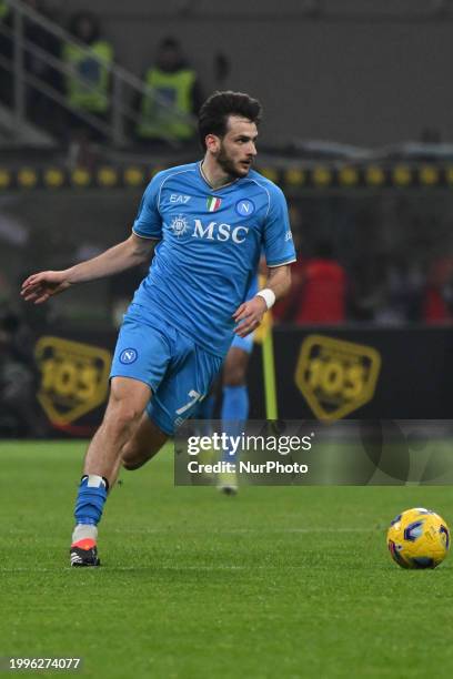 Khvicha Kvaratskhelia of SSC Napoli is playing during the Italian Serie A football match between AC Milan and SSC Napoli at the Giuseppe Meazza San...