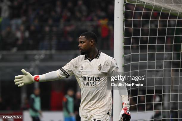 Mike Maignan of AC Milan is playing during the Italian Serie A football match between AC Milan and SSC Napoli at the Giuseppe Meazza San Siro Stadium...