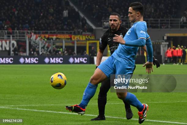 Giacomo Raspadori of SSC Napoli is playing during the Italian Serie A football match between AC Milan and SSC Napoli at the Giuseppe Meazza San Siro...