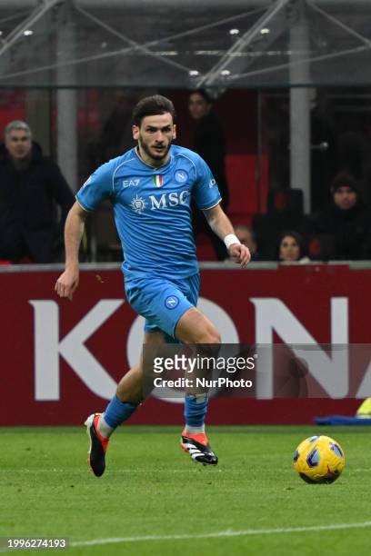 Khvicha Kvaratskhelia of SSC Napoli is playing during the Italian Serie A football match between AC Milan and SSC Napoli at the Giuseppe Meazza San...