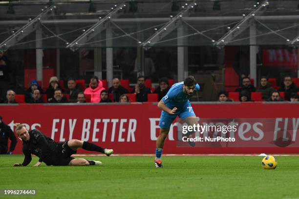 Khvicha Kvaratskhelia of SSC Napoli is playing during the Italian Serie A football match between AC Milan and SSC Napoli at the Giuseppe Meazza San...