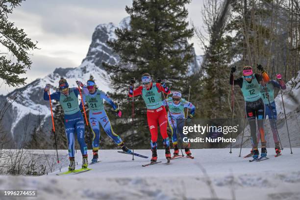 Jasmi Joensuu of Finland leads the Quarterfinal 3 race in Women's 1.3km Sprint race at the COOP FIS Cross Country World Cup, on February 10 in...