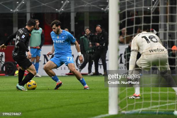 Khvicha Kvaratskhelia of SSC Napoli is playing during the Italian Serie A football match between AC Milan and SSC Napoli at the Giuseppe Meazza San...