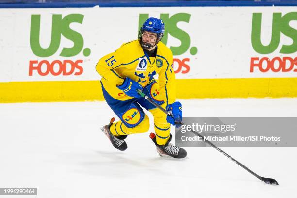 Anton Frondell of Team Sweden skates with the puck during U18 Five Nations Tournament between Team Czechia and Team Sweden at USA Hockey Arena on...