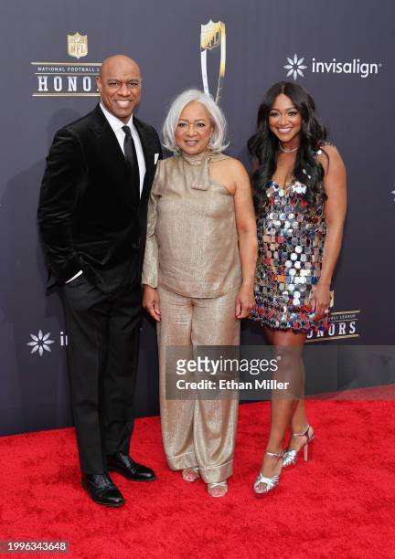 Jarrett Payton, Connie Payton and Brittney Payton attend the 13th annual NFL Honors at Resorts World Theatre on February 08, 2024 in Las Vegas,...
